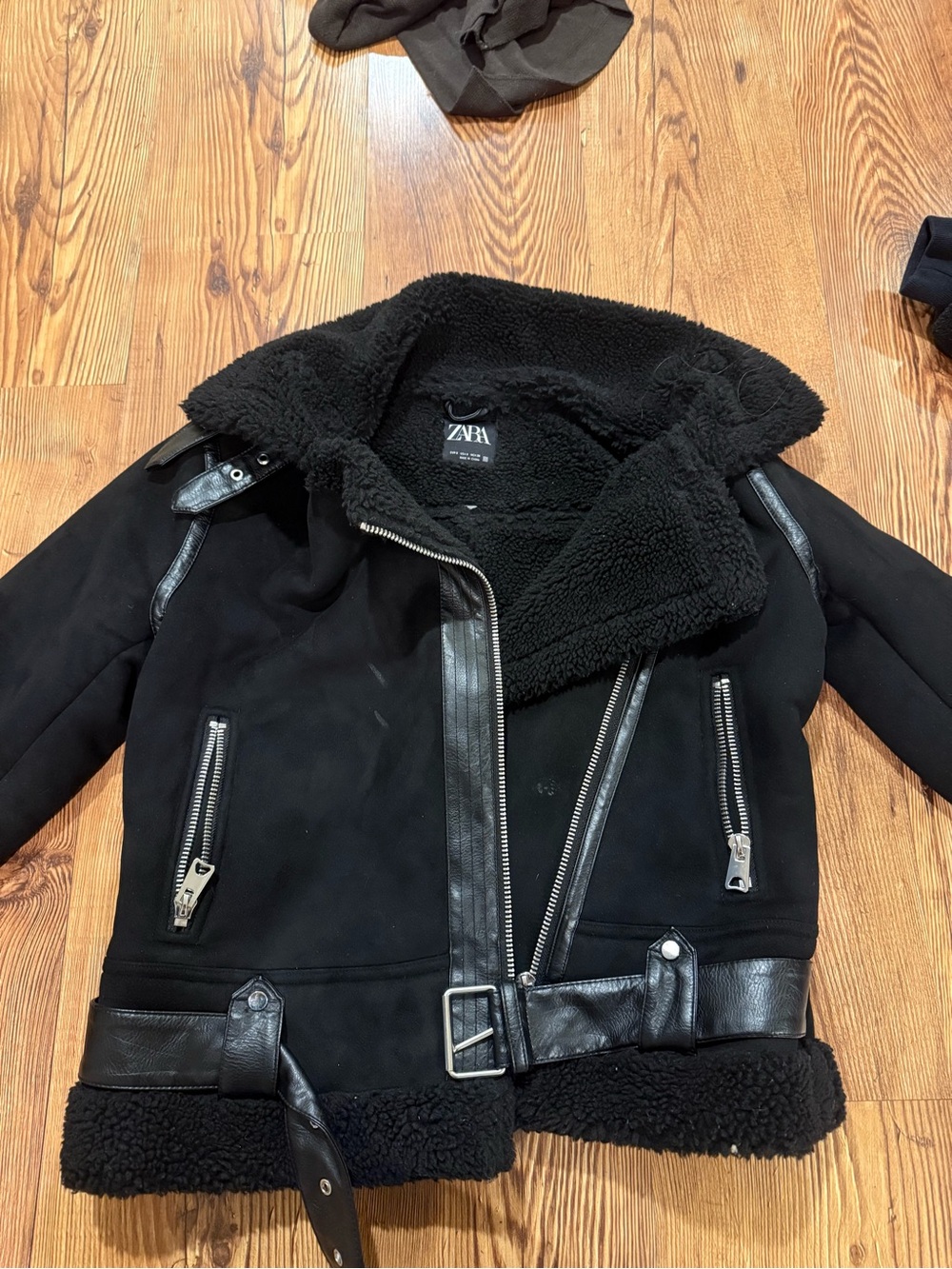 Zara Black Faux-Shearling Biker Jacket with Belt